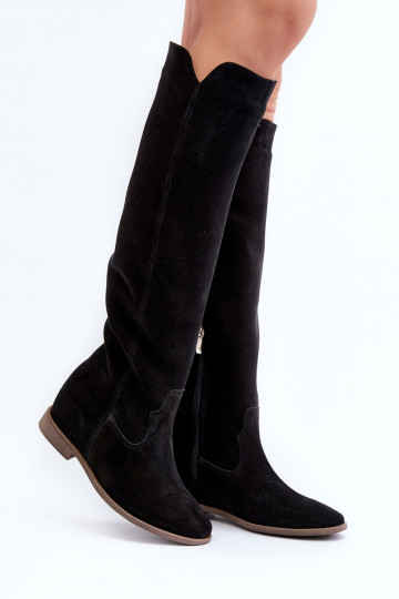 Zazoo 3407 en daim bottes hauteur genou avec des talons larges couleur noire 2