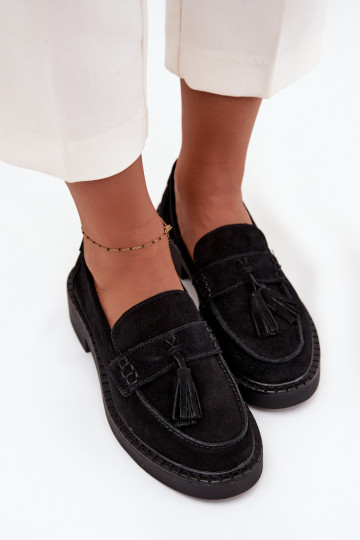 mocassins pour femmes en daim avec des franges D&A TDANS107 couleur noire
