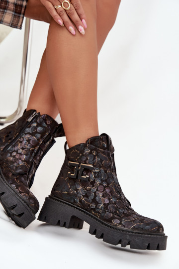 Bottines pour femmes en cuir noir et chaud avec ornements couleur noir et or Artiker 57C2084