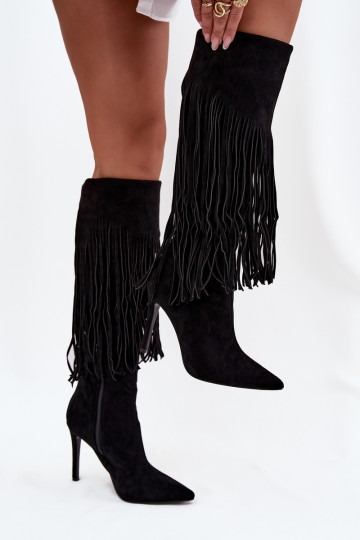 Bottes longues pour femmes noires avec petits talons et franges Isalune 2
