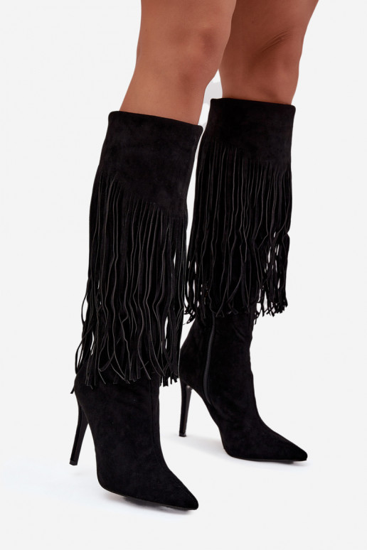 Bottes longues pour femmes noires avec petits talons et franges Isalune