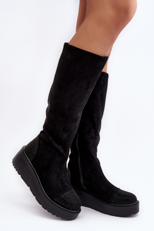 bottes pour femmes en daim avec une plateforme S.Barski HY53-8 couleur noire bottes pour femmes en daim avec une plateforme S.Barski HY53-8 couleur noire