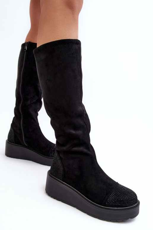 bottes pour femmes en daim avec une plateforme S.Barski HY53-8 couleur noire bottes pour femmes en daim avec une plateforme S.Barski HY53-8 couleur noire