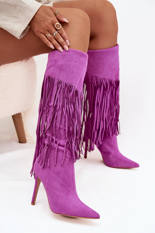 Bottes longues pour femmes avec petits talons et franges couleur violette Isalune Bottes longues pour femmes avec petits talons et franges couleur violette Isalune