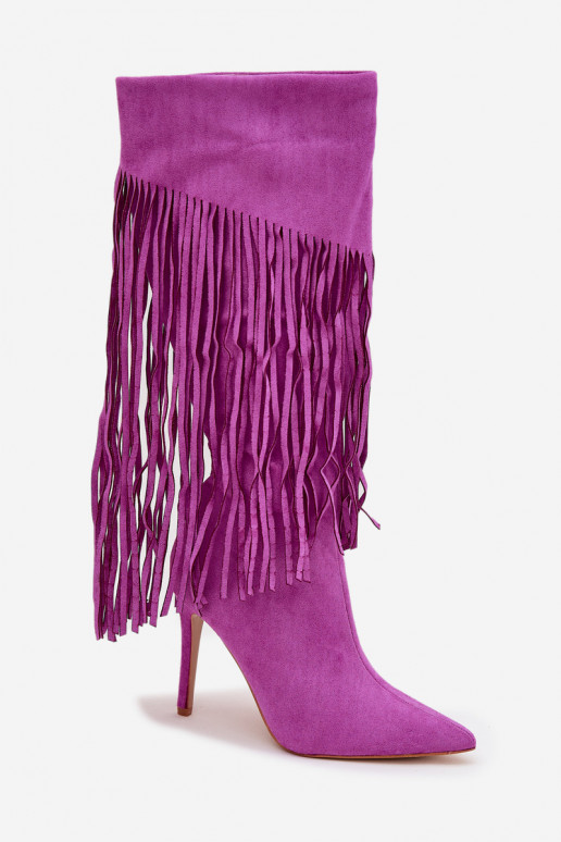 Bottes longues pour femmes avec petits talons et franges couleur violette Isalune Bottes longues pour femmes avec petits talons et franges couleur violette Isalune