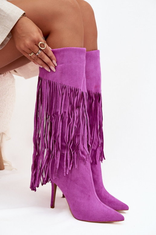 Bottes longues pour femmes avec petits talons et franges couleur violette Isalune Bottes longues pour femmes avec petits talons et franges couleur violette Isalune