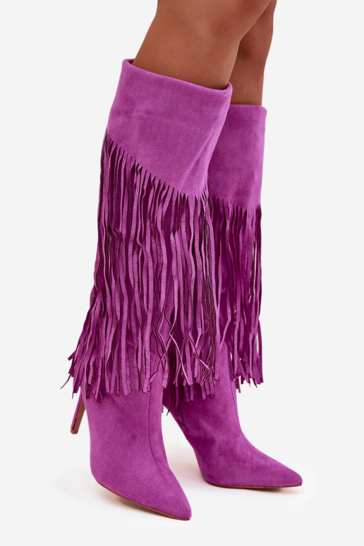 Bottes longues pour femmes avec petits talons et franges couleur violette Isalune Bottes longues pour femmes avec petits talons et franges couleur violette Isalune
