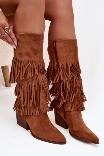Bottes longues en style cowboy pour femmes avec franges, doublées, de couleur marron Brivina