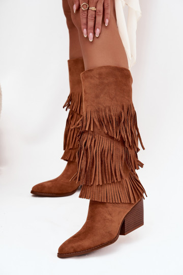 Bottes longues en style cowboy pour femmes avec franges, doublées, de couleur marron Brivina 2
