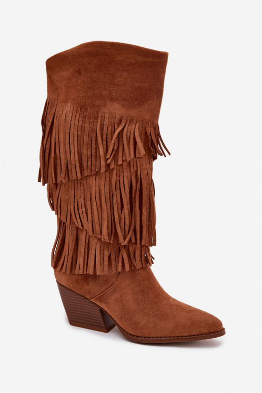 Bottes longues en style cowboy pour femmes avec franges, doublées, de couleur marron Brivina Bottes longues en style cowboy pour femmes avec franges, doublées, de couleur marron Brivina