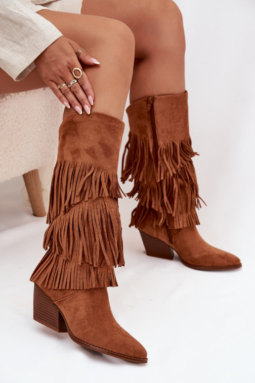 Bottes longues en style cowboy pour femmes avec franges, doublées, de couleur marron Brivina Bottes longues en style cowboy pour femmes avec franges, doublées, de couleur marron Brivina