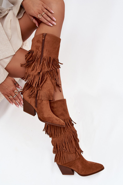 Bottes longues en style cowboy pour femmes avec franges, doublées, de couleur marron Brivina Bottes longues en style cowboy pour femmes avec franges, doublées, de couleur marron Brivina