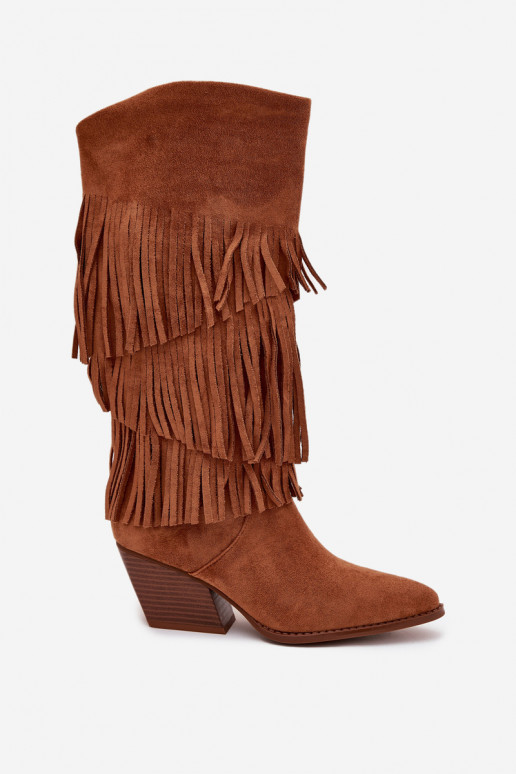 Bottes longues en style cowboy pour femmes avec franges, doublées, de couleur marron Brivina Bottes longues en style cowboy pour femmes avec franges, doublées, de couleur marron Brivina