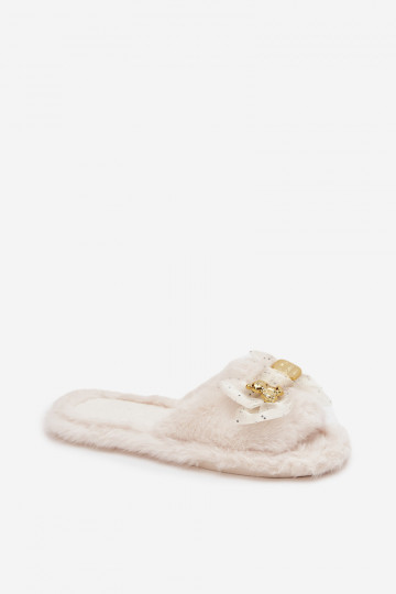 avec un manteau de fourrure Chaussons Féminin avec des rubans I Złotą Ozdobą couleur ivoire Nolara 2
