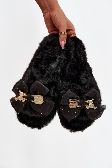 avec un manteau de fourrure Chaussons Féminin avec des rubans I Złotą Ozdobą couleur noire Nolara