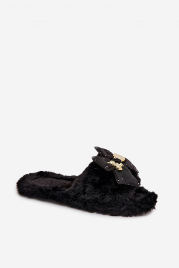 avec un manteau de fourrure Chaussons Féminin avec des rubans I Złotą Ozdobą couleur noire Nolara 2