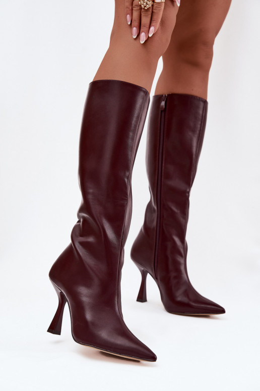 Bottes hautes bordeaux pour femmes avec talons fins jusqu'aux genoux Vionette
