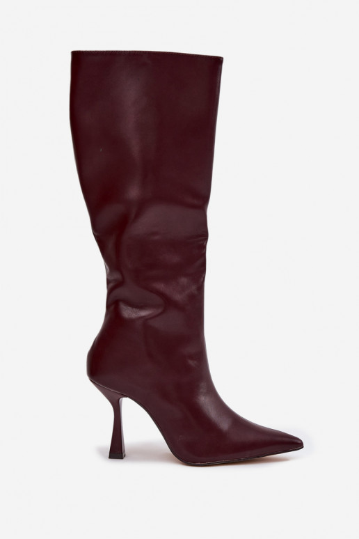 Bottes hautes bordeaux pour femmes avec talons fins jusqu'aux genoux Vionette
