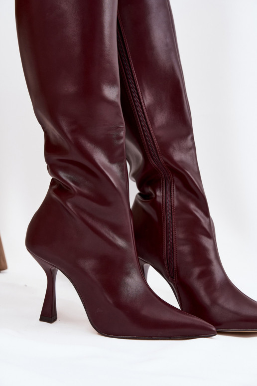 Bottes hautes bordeaux pour femmes avec talons fins jusqu'aux genoux Vionette