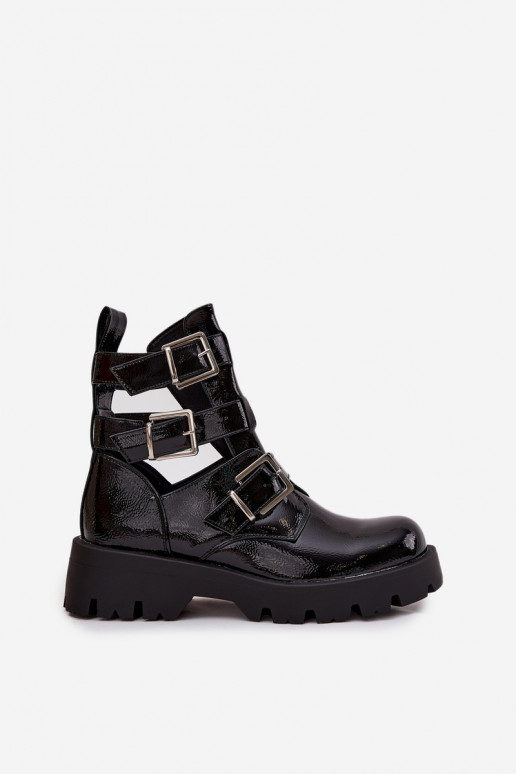 Bottines laquées pour femmes avec lanières et boucles argentées couleur noire "Helisse"