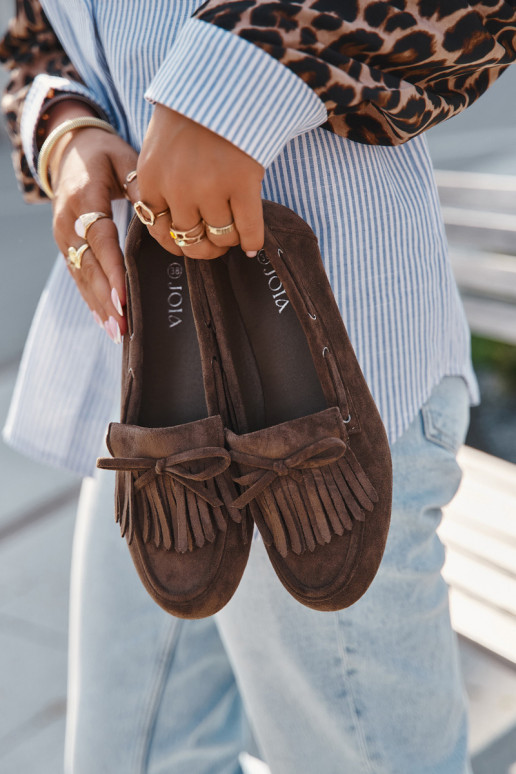 Mocassins pour femmes avec franges et nœud couleur chaki "Olivianne"