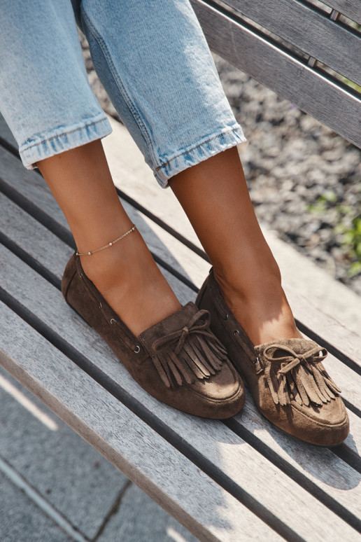 Mocassins pour femmes avec franges et nœud couleur chaki "Olivianne"