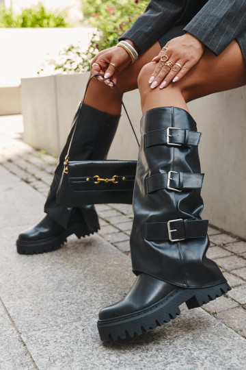 Bottes longues pour femmes isolées avec boucles argentées couleur noire "Isavine"