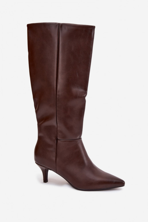 Bottes longues pour femmes à petit talon, doublées, en cuir éco, couleur chocolat, Turircellia Bottes longues pour femmes à petit talon, doublées, en cuir éco, couleur chocolat, Turircellia