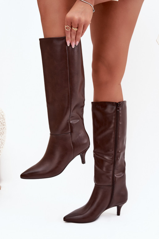 Bottes longues pour femmes à petit talon, doublées, en cuir éco, couleur chocolat, Turircellia Bottes longues pour femmes à petit talon, doublées, en cuir éco, couleur chocolat, Turircellia