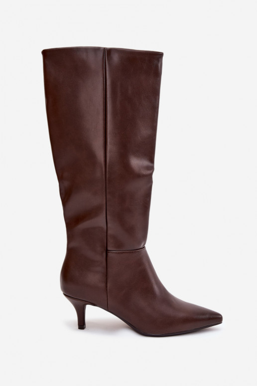 Bottes longues pour femmes à petit talon, doublées, en cuir éco, couleur chocolat, Turircellia Bottes longues pour femmes à petit talon, doublées, en cuir éco, couleur chocolat, Turircellia