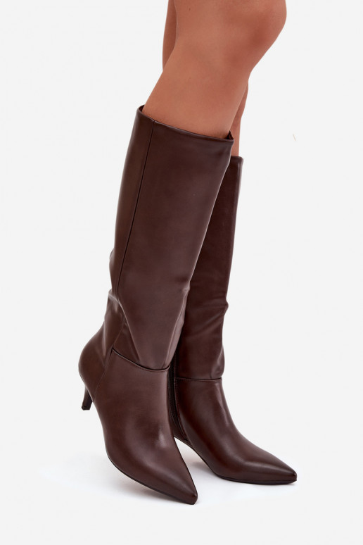 Bottes longues pour femmes à petit talon, doublées, en cuir éco, couleur chocolat, Turircellia Bottes longues pour femmes à petit talon, doublées, en cuir éco, couleur chocolat, Turircellia