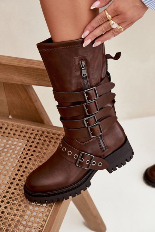 Bottes longues pour femmes brunes doublées de chaleur avec bandes et boucles « Ivaline » Bottes longues pour femmes brunes doublées de chaleur avec bandes et boucles « Ivaline »