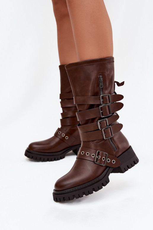 Bottes longues pour femmes brunes doublées de chaleur avec bandes et boucles « Ivaline » Bottes longues pour femmes brunes doublées de chaleur avec bandes et boucles « Ivaline »
