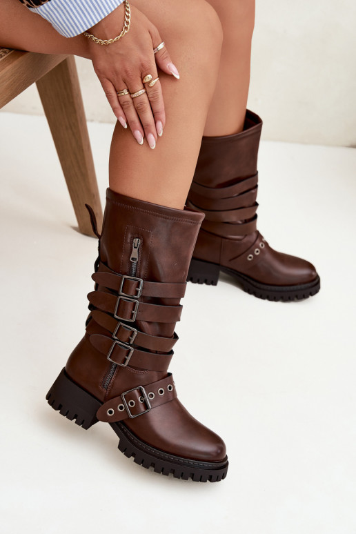 Bottes longues pour femmes brunes doublées de chaleur avec bandes et boucles « Ivaline » Bottes longues pour femmes brunes doublées de chaleur avec bandes et boucles « Ivaline »