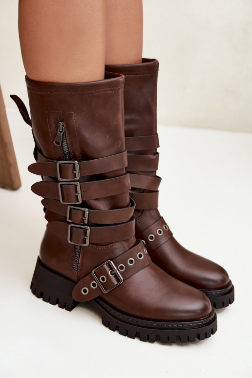 Bottes longues pour femmes brunes doublées de chaleur avec bandes et boucles « Ivaline » Bottes longues pour femmes brunes doublées de chaleur avec bandes et boucles « Ivaline »
