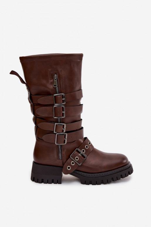 Bottes longues pour femmes brunes doublées de chaleur avec bandes et boucles « Ivaline » Bottes longues pour femmes brunes doublées de chaleur avec bandes et boucles « Ivaline »