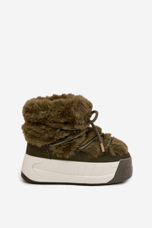Bottes de neige Féminin avec une plateforme avec des détails élégants et un manteau de fourrure couleur kaki Kalivira