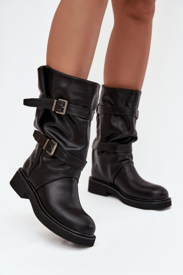 Bottes longues pour femmes plissées jusqu'à mi-mollet avec bandes et boucles couleur noire Halvessa 2