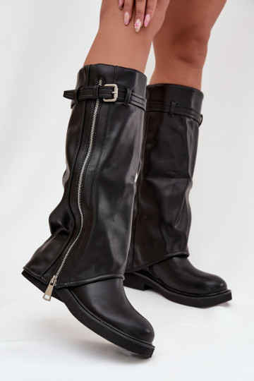 Bottes longues pour femmes avec tige évasée, boucles et fermeture éclair argentée, isolées, couleur noire Bressa 2