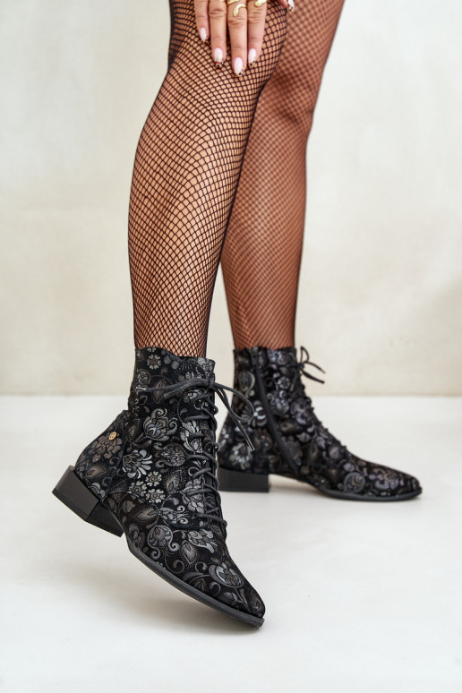 en daim À motifs Bottes avec des talons larges Il fautciejka 06391-01 couleur noire