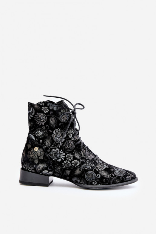 en daim À motifs Bottes avec des talons larges Il fautciejka 06391-01 couleur noire