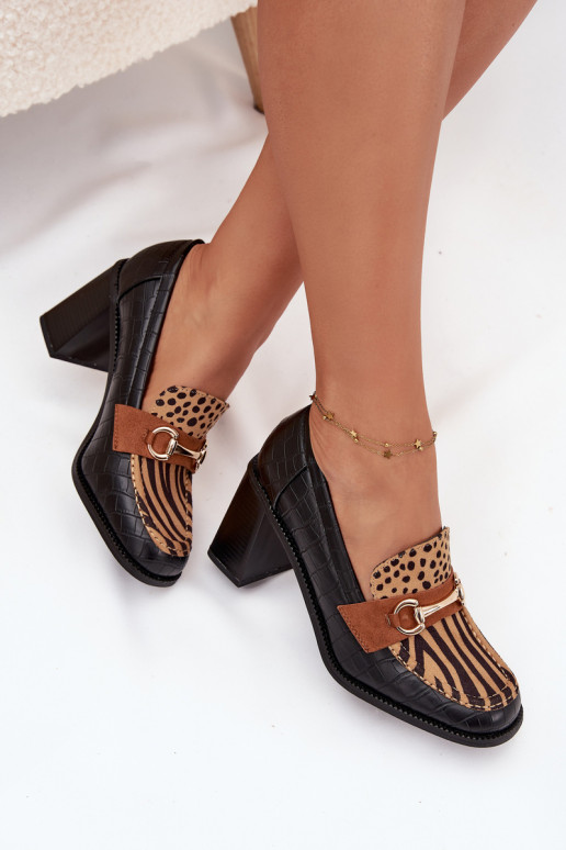 Chaussures à talons hauts pour femmes avec estampage et détails dorés, couleur noire et sable, Novella Chaussures à talons hauts pour femmes avec estampage et détails dorés, couleur noire et sable, Novella