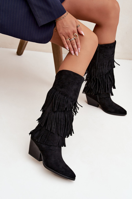 Bottes longues noires en style cowboy avec des franges, Brivina Bottes longues noires en style cowboy avec des franges, Brivina