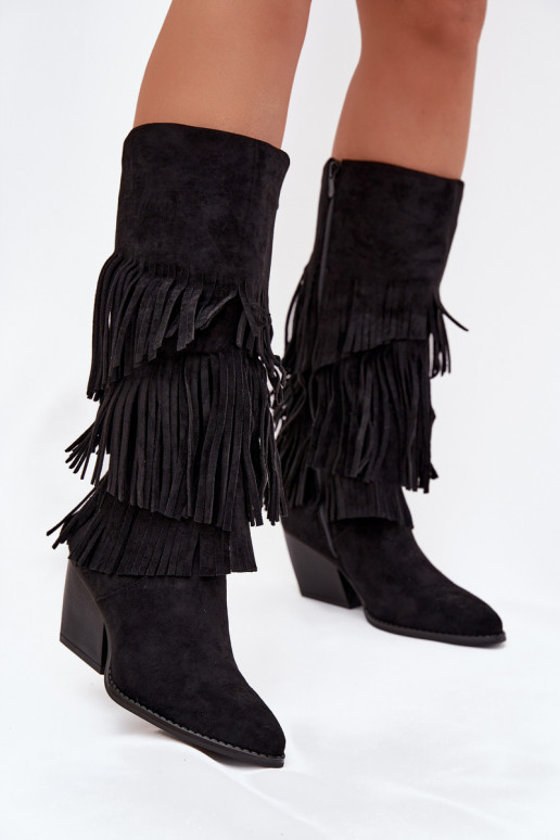Bottes longues noires en style cowboy avec des franges, Brivina Bottes longues noires en style cowboy avec des franges, Brivina