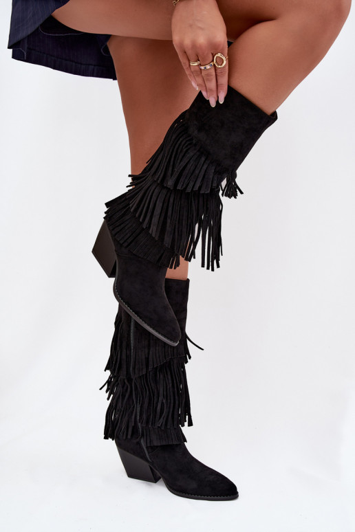 Bottes longues noires en style cowboy avec des franges, Brivina Bottes longues noires en style cowboy avec des franges, Brivina