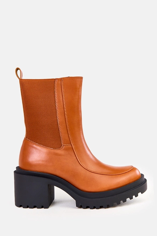 Brązowe botki na słupku z elastyczną...