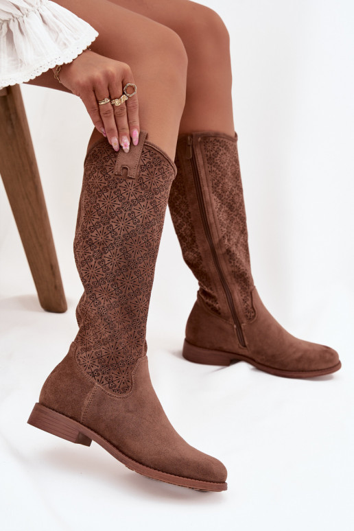 bottes pour femmes avec des éléments ajourés avec des talons larges S.Barski HY52-534 marron