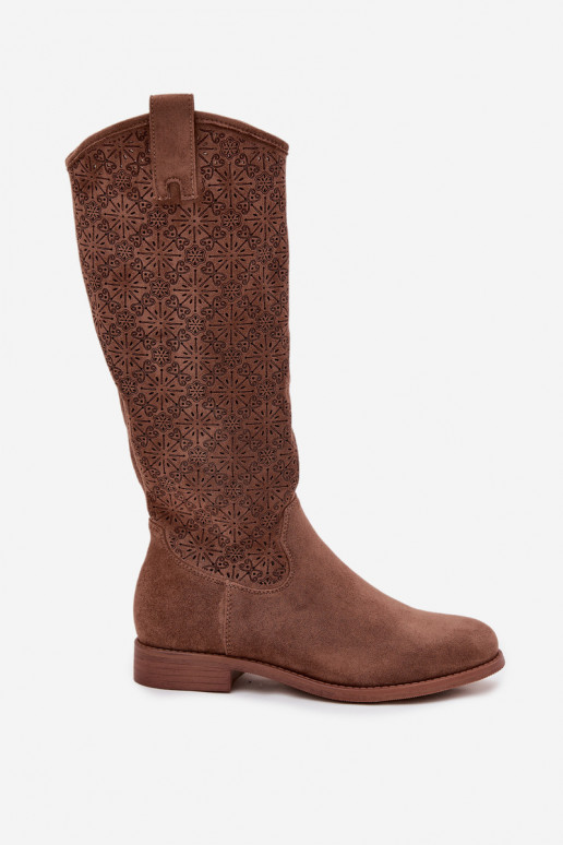 bottes pour femmes avec des éléments ajourés avec des talons larges S.Barski HY52-534 marron