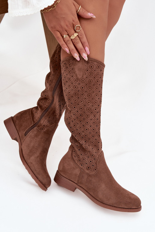 bottes pour femmes avec des talons larges avec des éléments ajourés S.Barski HY52-531 marron