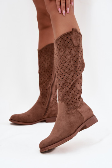 bottes pour femmes avec des talons larges avec des éléments ajourés S.Barski HY52-531 marron 2